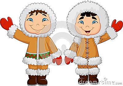 Cartoon happy Eskimo kids waving hand Vector Illustration