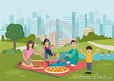 Cartoon happy family eat pizza on picnic in park Vector Illustration