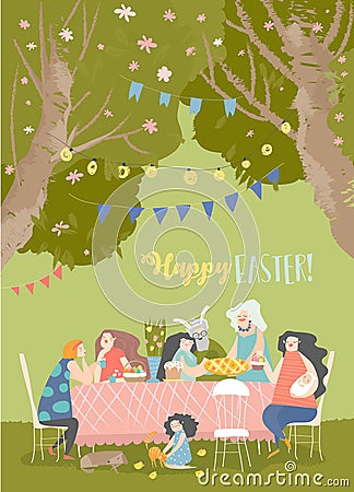 Cartoon happy family having Easter dinner in blossom garden Vector Illustration