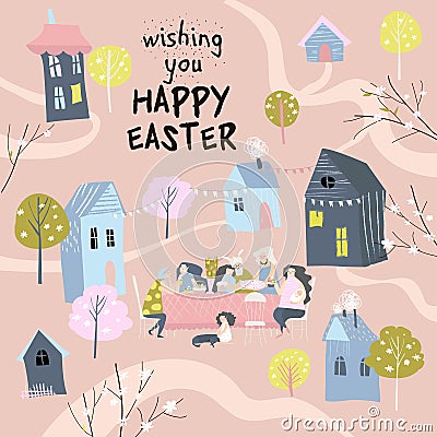 Cartoon happy family having Easter dinner in garden Vector Illustration