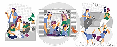 Cartoon happy family at home. Father and mother play with children, work, relax. Stay at home vector quarantine illustration Cartoon Illustration