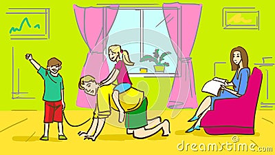 Cartoon Happy family at home. Father playing with children, mother sitting in an armchair. Vector Illustration