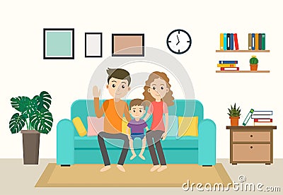 Cartoon happy family stay home on sofa in the living room Cartoon Illustration