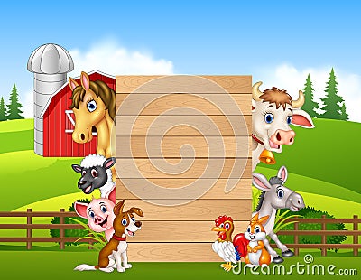 Cartoon happy farm animals holding wooden sign Vector Illustration