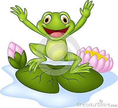 Cartoon happy frog jumping on a water lily Vector Illustration