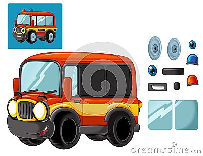 Cartoon happy and funny cartoon fire fireman bus looking and smiling - isolated scene with exercise / cutting out and joining Cartoon Illustration