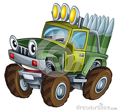 Cartoon funny off road military truck car with bullets ammo Cartoon Illustration