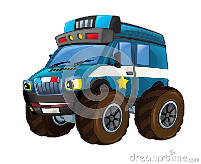 Cartoon happy and funny off road police car looking like monster truck smiling vehicle Cartoon Illustration