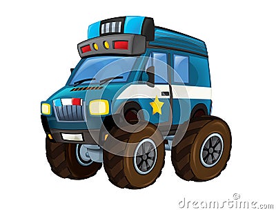 Cartoon happy and funny off road police car looking like monster truck vehicle Cartoon Illustration