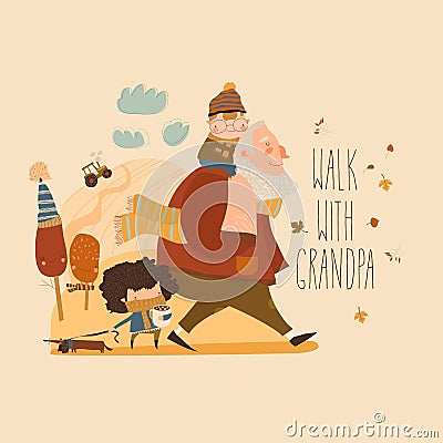 Cartoon happy grandfather walking with his grandchildren Vector Illustration