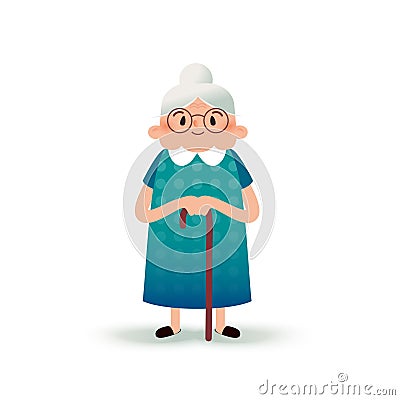 Cartoon happy grandmother with a cane. Old woman with glasses. Flat illustration on white background. Funny granny. Cartoon Illustration