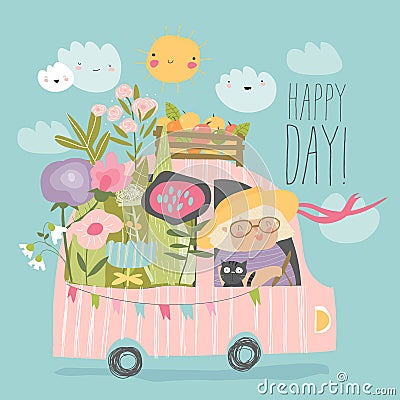 Cartoon happy grandmother driving a car with flowers Vector Illustration