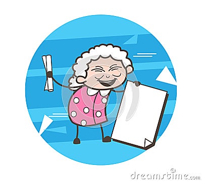 Cartoon Happy Granny with Paper Banner and Document Vector Illustration Stock Photo