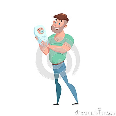 Cartoon happy hipster looking father holding new born baby. Fatherhood and family happiness vector illustration. Vector Illustration