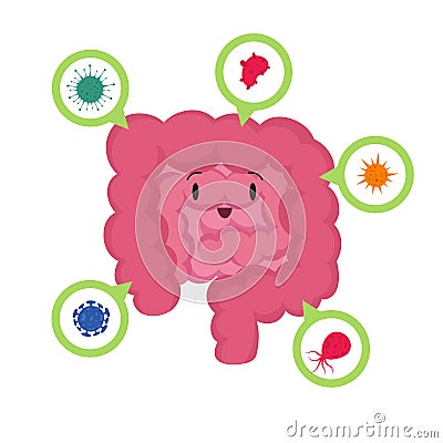 Cartoon happy human intestine with good microscopic bacterias medical probiotics vector concept Vector Illustration