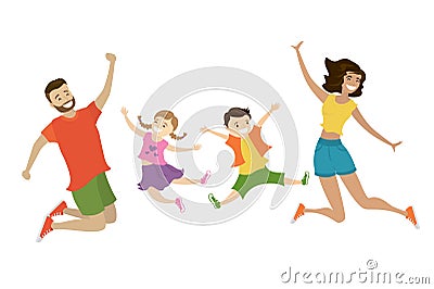 Cartoon happy jumping family,cute smiling people, Vector Illustration