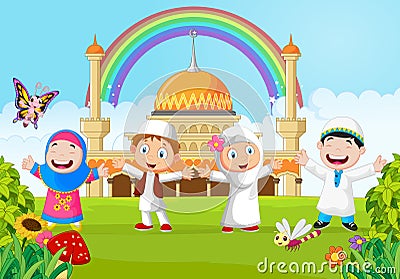 Cartoon happy kid muslim with rainbow Vector Illustration