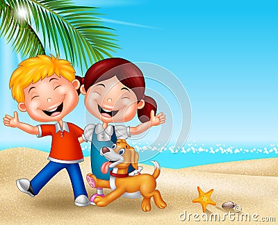 Cartoon happy kids on the beach Vector Illustration