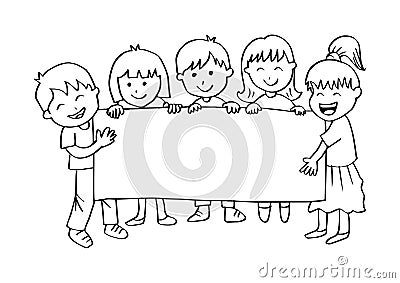 Cartoon happy kids holding banner. Vector Illustration