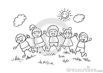 Cartoon happy kids playing together. Vector Illustration