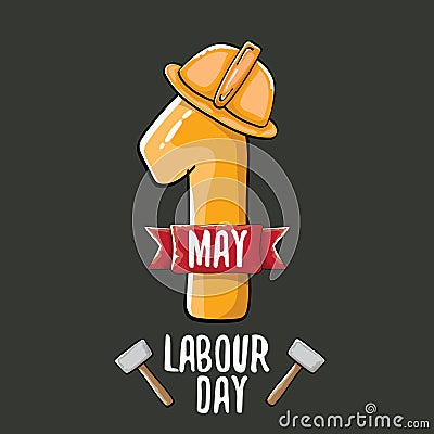 Cartoon Happy labour day vector label isolated on grey. vector happy labor day background or banner with engineer helmet Vector Illustration