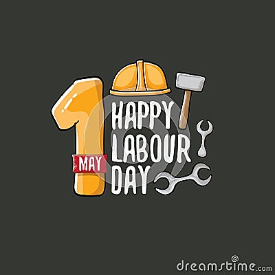 Cartoon Happy labour day vector label isolated on grey. vector happy labor day background or banner with engineer helmet Vector Illustration