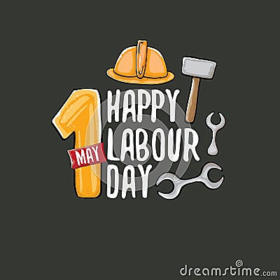 Cartoon Happy labour day vector label isolated on grey. vector happy labor day background or banner with engineer helmet Vector Illustration