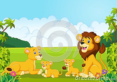 Cartoon happy lion family in the jungle Vector Illustration