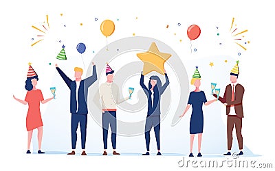 Cartoon happy little people. Cute miniature scene of workers preparing for celebration. Modern cartoon illustration. Vector Illustration