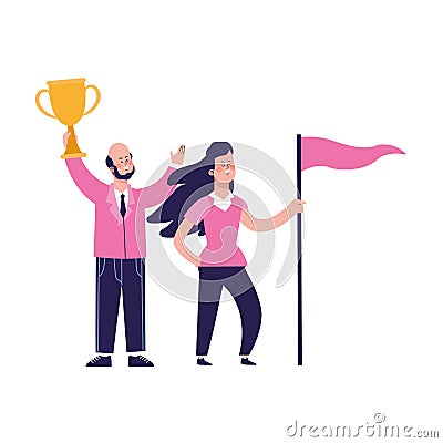 Cartoon happy man holding a trophy and girl holding a flag, colorful design Vector Illustration