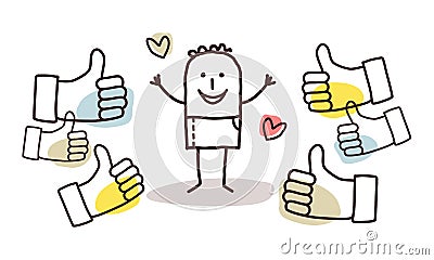 Cartoon Happy Man with many Like-signs and Love, for Father`s day or Birthday Vector Illustration