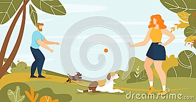 Happy Man and Woman Pet Owner Walking Dog in Park Vector Illustration