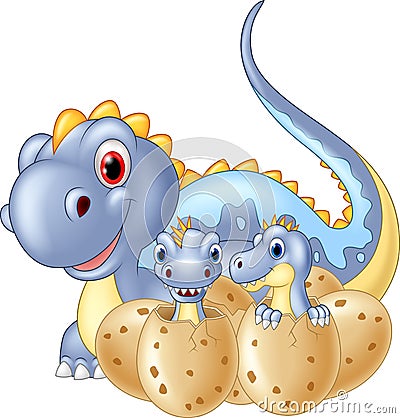 Cartoon happy Mother and baby dinosaur hatching Vector Illustration