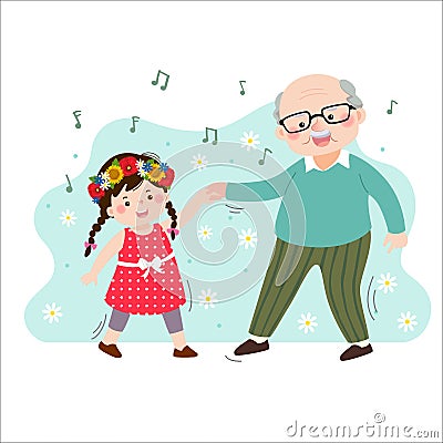 Cartoon happy old elderly grandpa dancing with his little granddaughter. Family enjoying time at home Vector Illustration