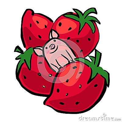Funny vector small pig and giant strawberry Stock Photo