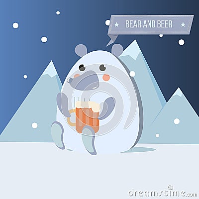 Cartoon happy polar bear and big cup of beer Vector Illustration