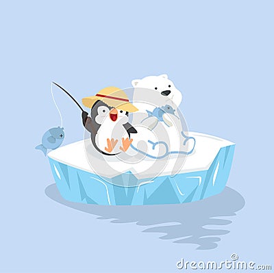 Cartoon happy polar bear with penguin sit on ice floe Vector Illustration