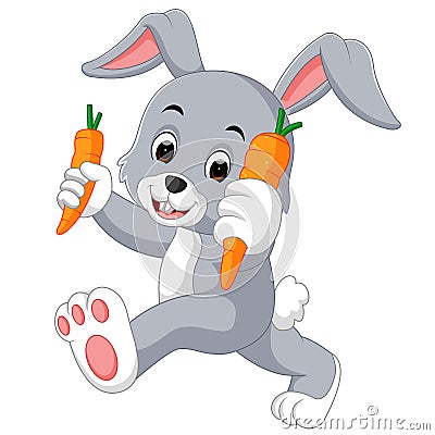Cartoon happy rabbit holding carrot Vector Illustration