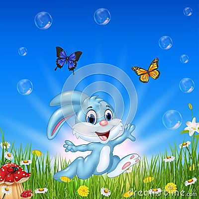 Cartoon happy rabbit running with beautiful nature background Vector Illustration