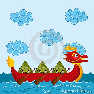 Cartoon happy rice dumplings paddling red dragon boat Vector Illustration
