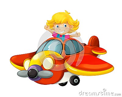 Cartoon happy scene with kid girl in toy traditional plane with propeller flying Cartoon Illustration