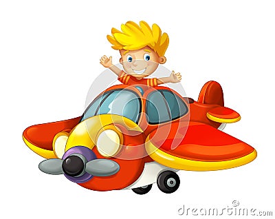 Cartoon happy scene with kid in toy traditional plane with propeller flying Cartoon Illustration