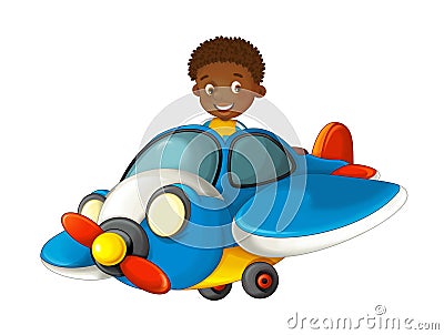 Cartoon happy scene with kid in toy traditional plane with propeller flying Cartoon Illustration