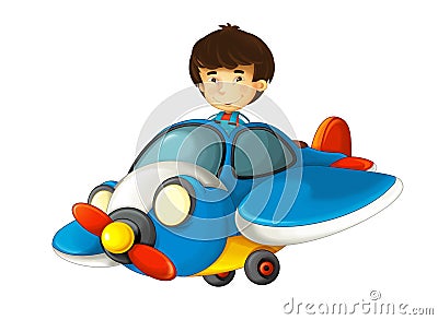 Cartoon happy scene with kid in toy traditional plane with propeller flying Cartoon Illustration