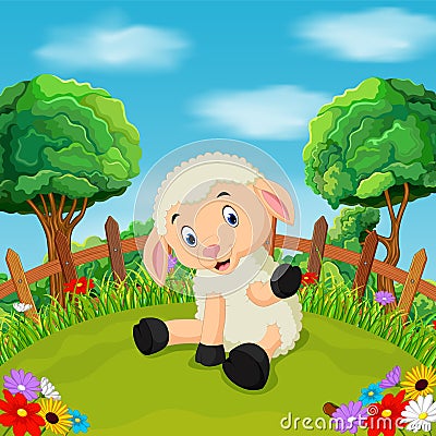 Cartoon happy sheep smile in the farm Vector Illustration