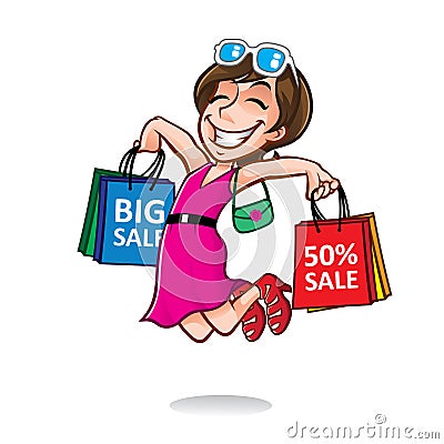 Cartoon Happy Shopper Girl Vector Illustration