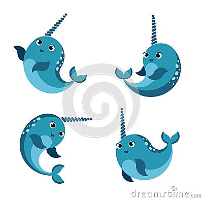 Cartoon happy smiling narwhal set.Funny kawaii character isolated set. flat vector style illustration Vector Illustration