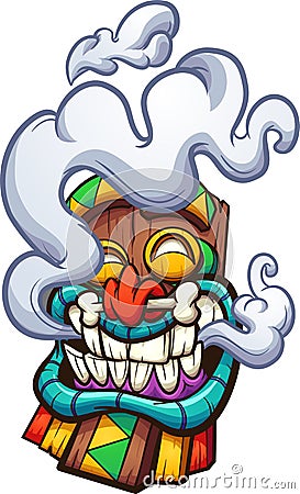 Cartoon happy smoking Tiki mask Vector Illustration