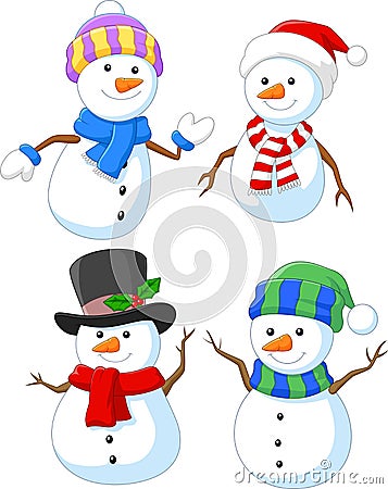 Cartoon happy snowman collection set Vector Illustration