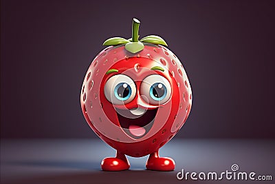 cartoon happy strawberry on dark background, funny illustrated strawberry, childish fruit mockup Stock Photo